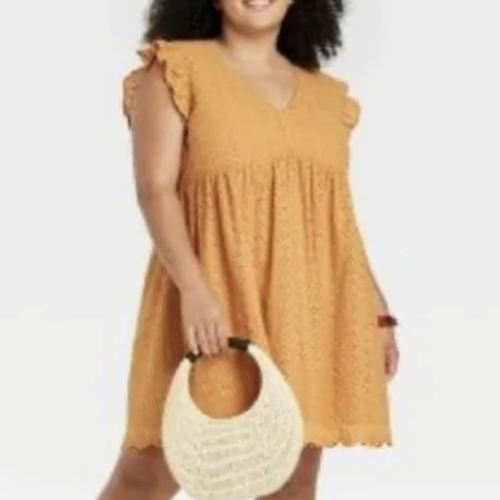 Knox Rose Mustard Eyelet V-Neck Ruffle Sleeve Dress